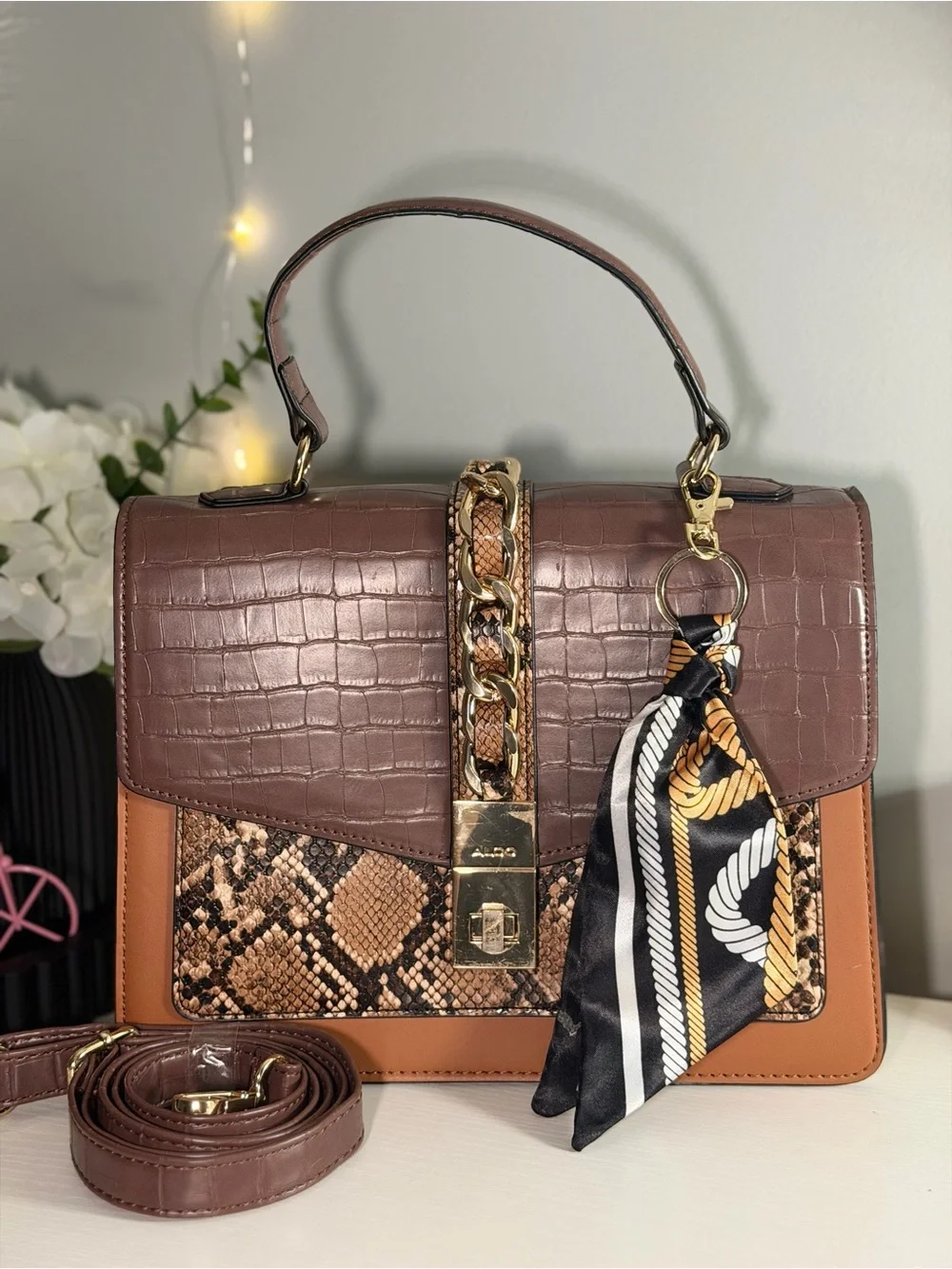 Aldo Brown Croc & Snake-Print Top-Handle Satchel with Scarf Accent